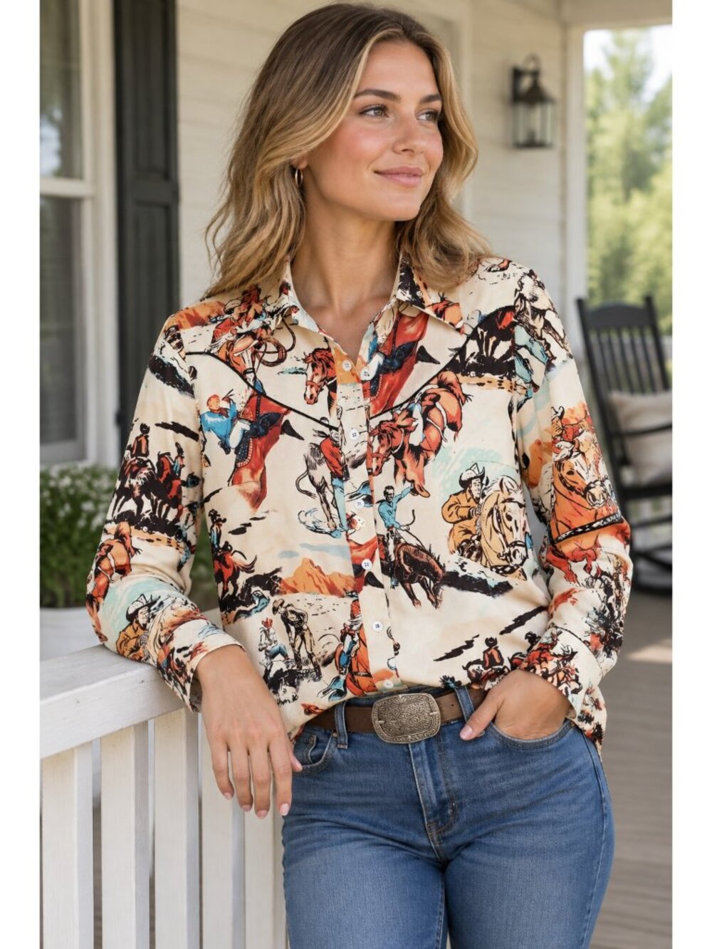 Rodeo Cowgirl Western Yoke Button-Up Shirt Long Sleeve Dress Shirt Southern Top